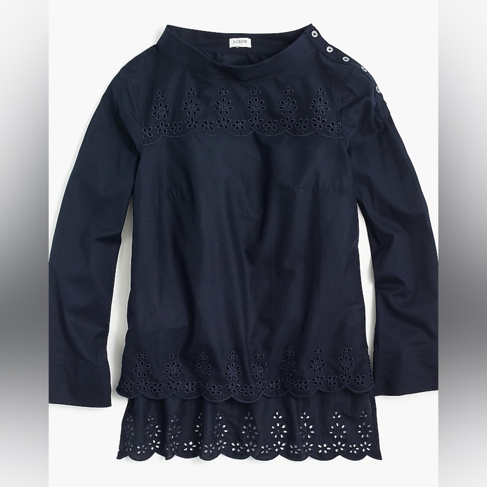 NWT J. Crew Scalloped Eyelet Funnel Neck Blouse Lace Scalloped Edge Navy Size 4